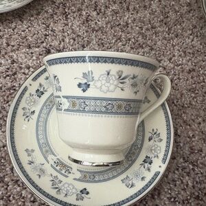 Royal Doulton Blue and White Teacup and matching saucers. Set of 6.